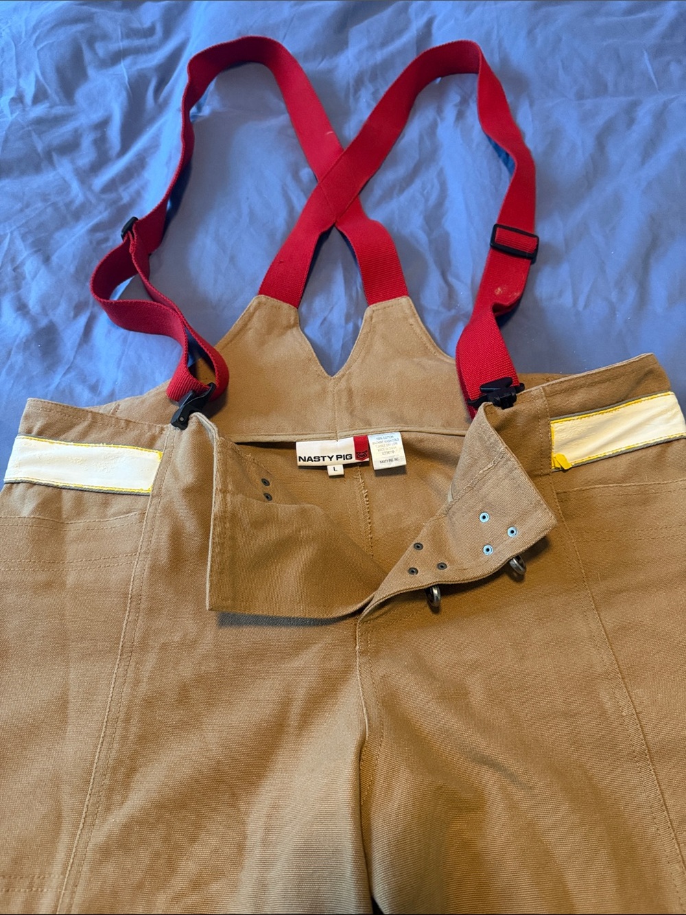 Nasty Pig Tan Work Bib Pants with Red Suspenders